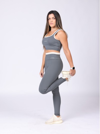 Calça leggin Power Fit com detalhe no cós Cinza Chumbo com  Off White